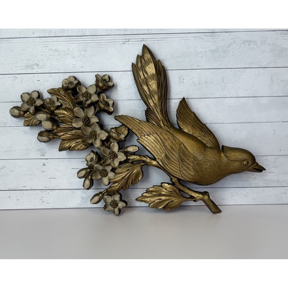 Vintage Syroco Gold Bird Dogwood Flowers Wall Plaque MCM 14.5" USA